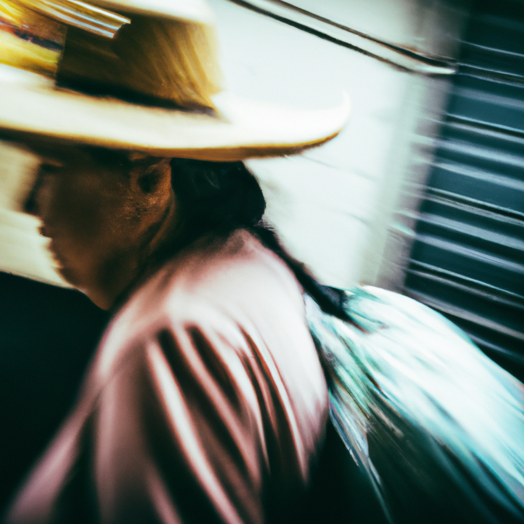 Escena de mercado en Lima con luz natural y contraste, mujer con sombrero en movimiento